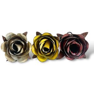 Rustic Painted Forged Metal Decorative Rose Bloom Trio in White Red Yellow